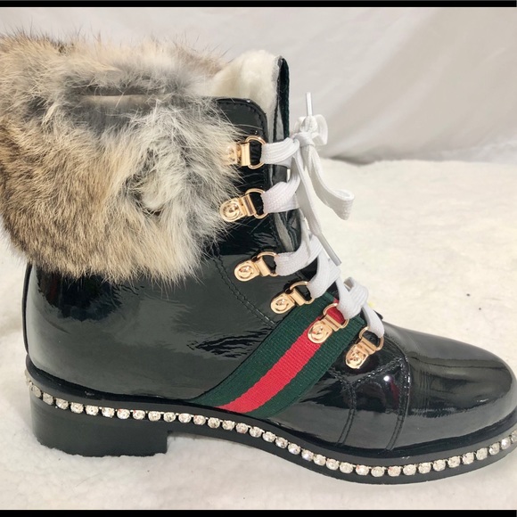 Gucci Shoes - Gucci Patent Leather Fur Lined Combat Boots 40